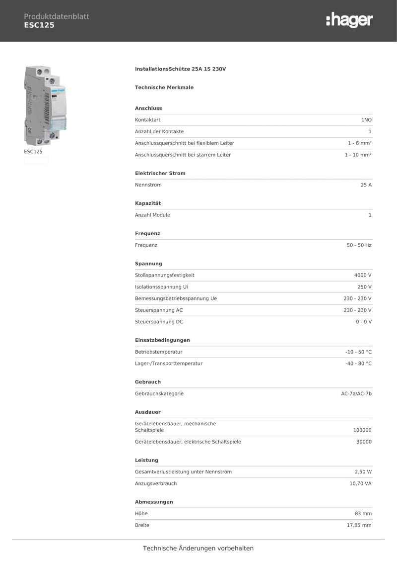 Hager ESC125 Schütze , 25A, 1S, 230V