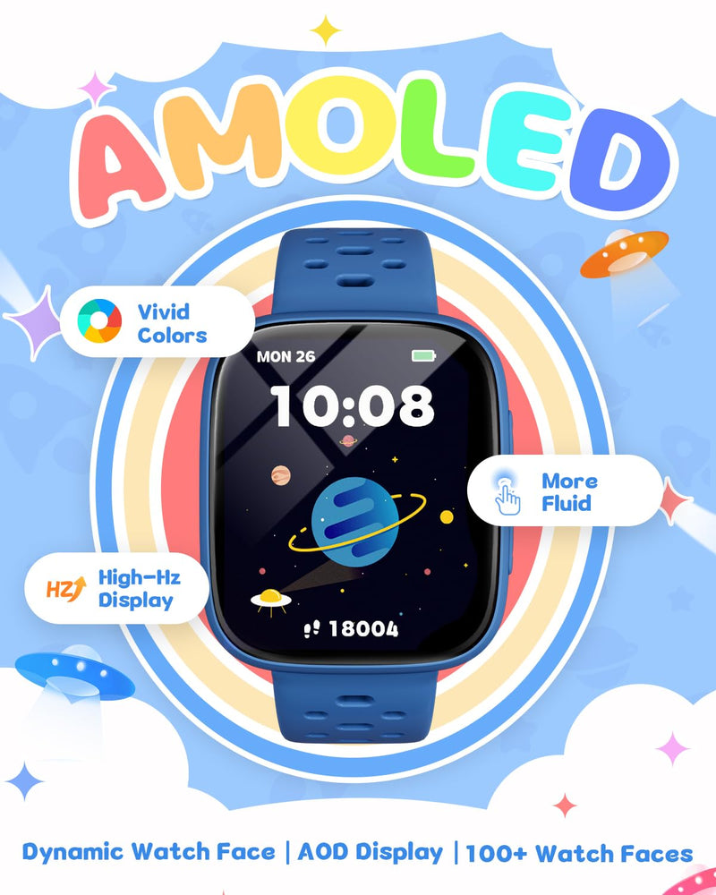 Smart Watch for Kids No Phone No APP Needed, 1.83" AMOLED Screen Fitness Tracker Watch with Pedometer, Kids Smart Watch with Heart Rate/Sleep Monitor, IP68 Waterproof for Boys Girls 5-12 Blue