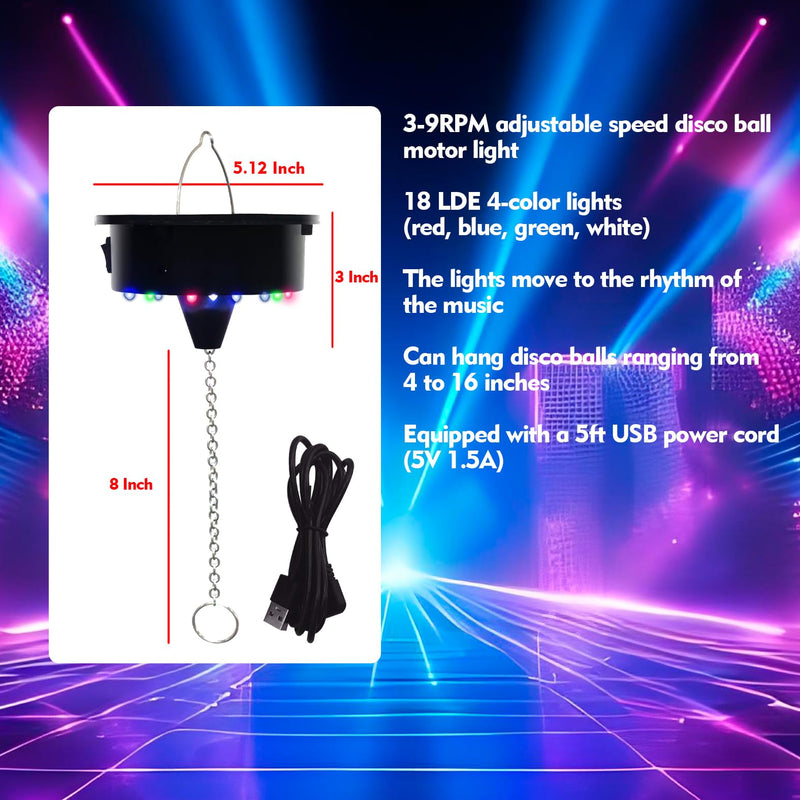 3-15RPM Disco Ball Motor Light,Adjustable Speed Disco Ball Spinner can Hang 4 6 8 12 16in Mirror Balls,Perfect for Christmas,DJ,Birthday Party Decor Disco Motor Light