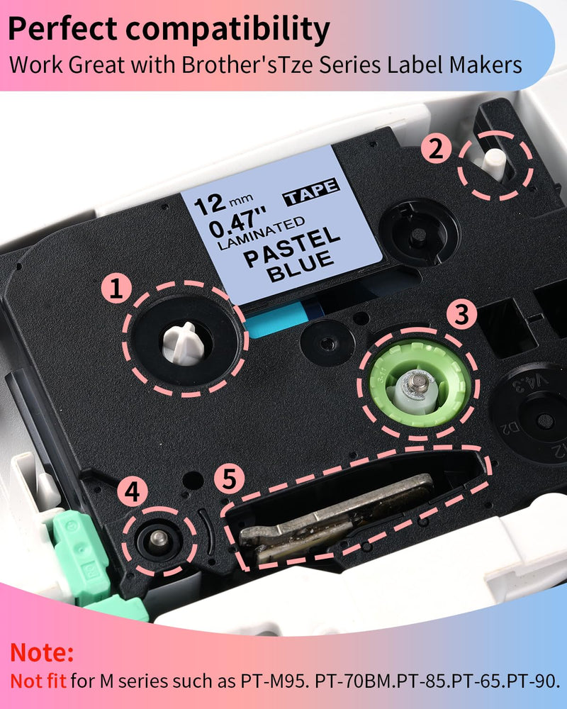 [AUSTRALIA] - 5-Pack Compatible Brother P-Touch Label Tape TZe TZ Tape 12mm 0.47 Laminated Label Maker Tape, for Brother Ptouch PT-D210 PT-H110 PT-D220 PTD610BT D400 D600, White/Berry Pink/Purple/Pink/Blue White / Berry Pink / Pastel Purple / Pastel Pink / Pastel Blue 