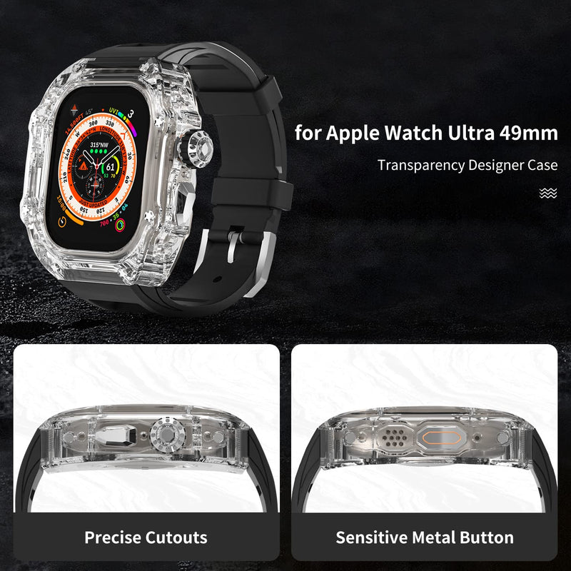 Transparent Designer Case with Band for Apple Watch Ultra 49mm Titanium, Luxury Crystal Clear Rugged Military Protective Hard Cover Bumper, Heavy Duty Tactical Protection for Men iWatch 49 mm