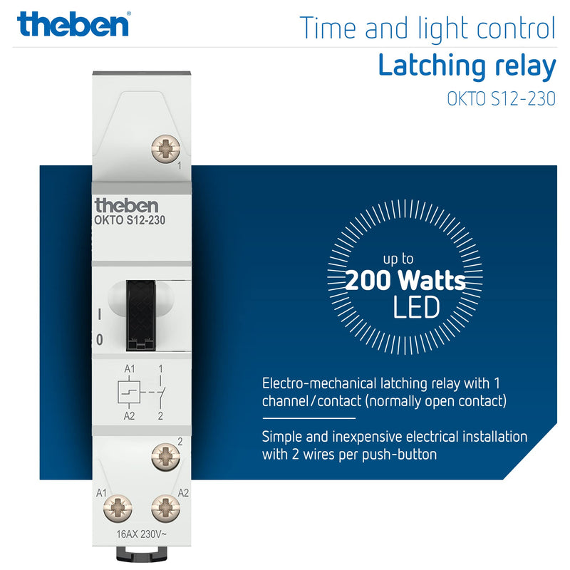 [AUSTRALIA] - Theben 3120120 Okto S12-230 Impulse Switch, Impulse Relay, 230 V, Electromechanical, DIN Rail, DIN Rail, 1 N/O Contact, LED up to 200 W, Light Control (Pack of 1) Pack of 1 