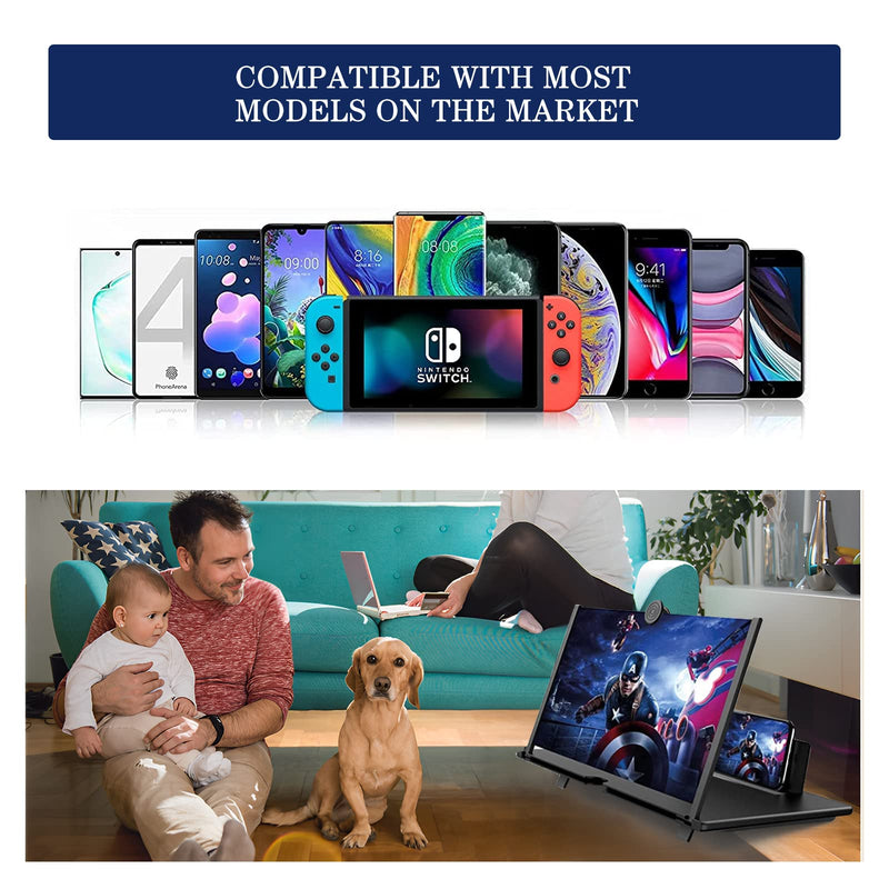 12" Screen Magnifier for Smartphone 3D HD Mobile Phone Screen Magnifier Video Expandable HD Screen Foldable for Watching Movies Videos, Playing Games, for All Smartphones（Black） 12"