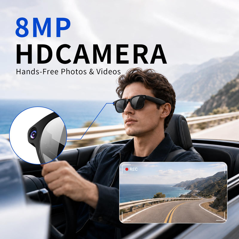 AI Smart Glasses with 8MP Camera – 4K Video Recording Anti-Shake | Open Ear Bluetooth Glasses for Men Women, AI Voice Control Translation, Outdoor Sports Cycling Travel