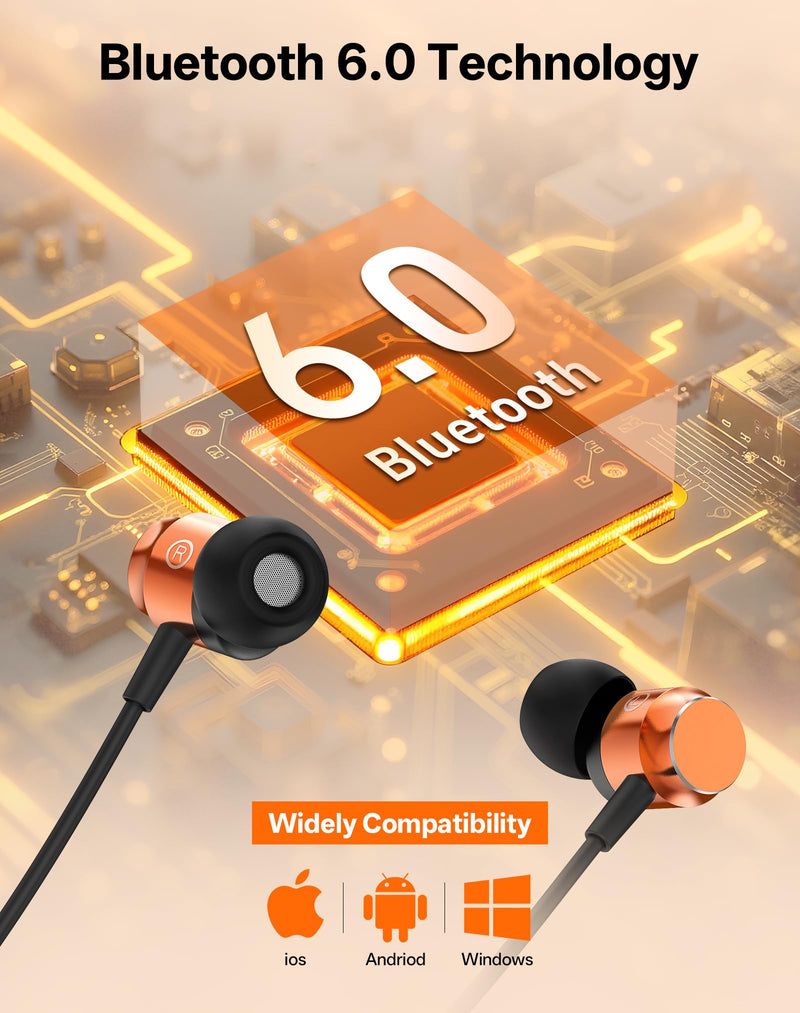 Neckband Bluetooth Headphones, Wireless Bluetooth 6.0 Earbuds with Microphone, Comfortably Light, Deep Bass Earphones 35H Playtime, IPX5 Waterproof, Magnetic Headset for Workout (Deep Orange) Deep Orange