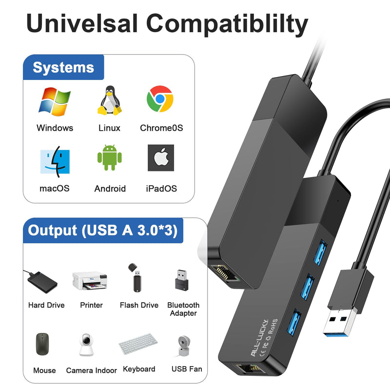 USB to Ethernet Adapter, 3xUSB 3.0 and 1000M RJ45 Network Hub for Laptop | 4-in-1 USB A Hub (Gigabit RJ45 & 3 USB-A ports) Plug & Play for Laptop/PC/MacBook/Surface/Dell XPS, Windows/Mac/Chrome OS 0.95FT -4 in 1 USB A to Ethernet Adapte