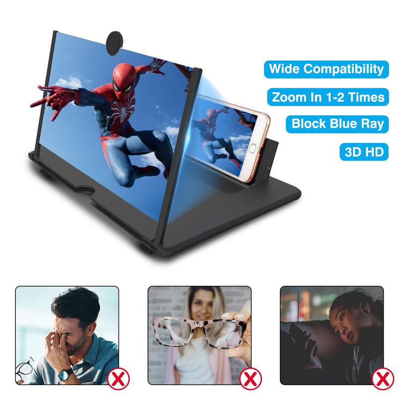12 Inch Phone Screen Magnifier, 3D HD Mobile Phone Projector Amplifier Pulling-Out Movie Video Enlarger Anti-Radiation Eye Protection with Foldable Stand Holder for All Smartphones-Black Black