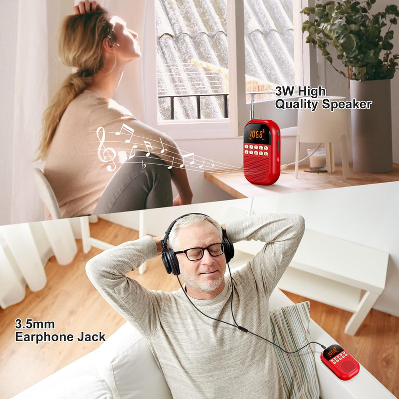 [AUSTRALIA] - Pocket AM FM Radio:1100mAh Rechargeable Radio Supports Bluettoth, Mini FM AM Receiver with Large Speaker, Stereo Earphone, Sleep Timer, Easy to use for Jogging, Walking Red 