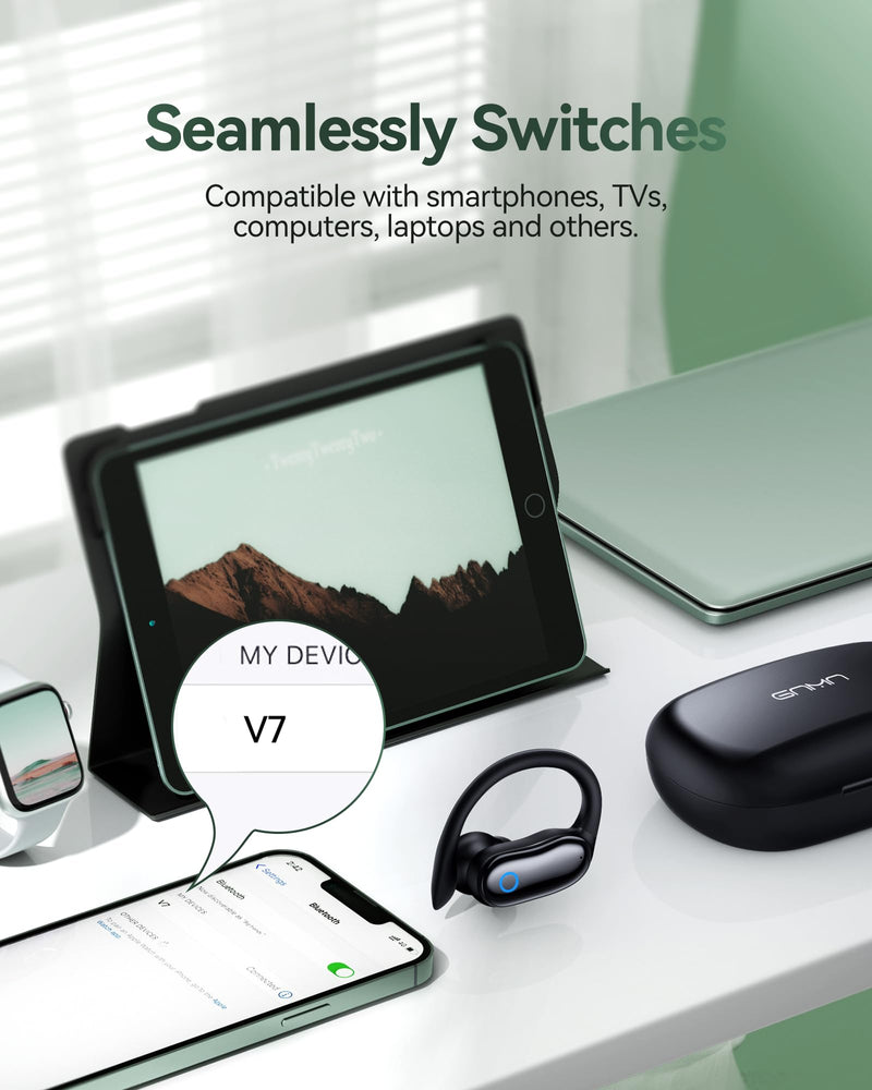 GNMN Active Noise Cancelling Ear Buds Wireless Earbuds 96hrs Playback Bluetooth Headphones Dual Battery Display Stereo Bass Earphones with Earhooks Microphone IPX7 Waterproof for Sports/Runing/Workout Black