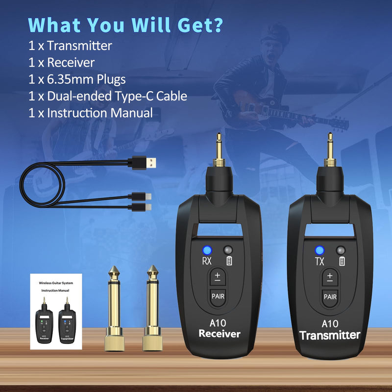 A10 Wireless Guitar System, 2.4GHz Rechargeable Transmitter Receiver, 24-bit 48KHz Audio, 100ft Range, No Latency, Plug and Play for Electric Guitar & Bass Accessories