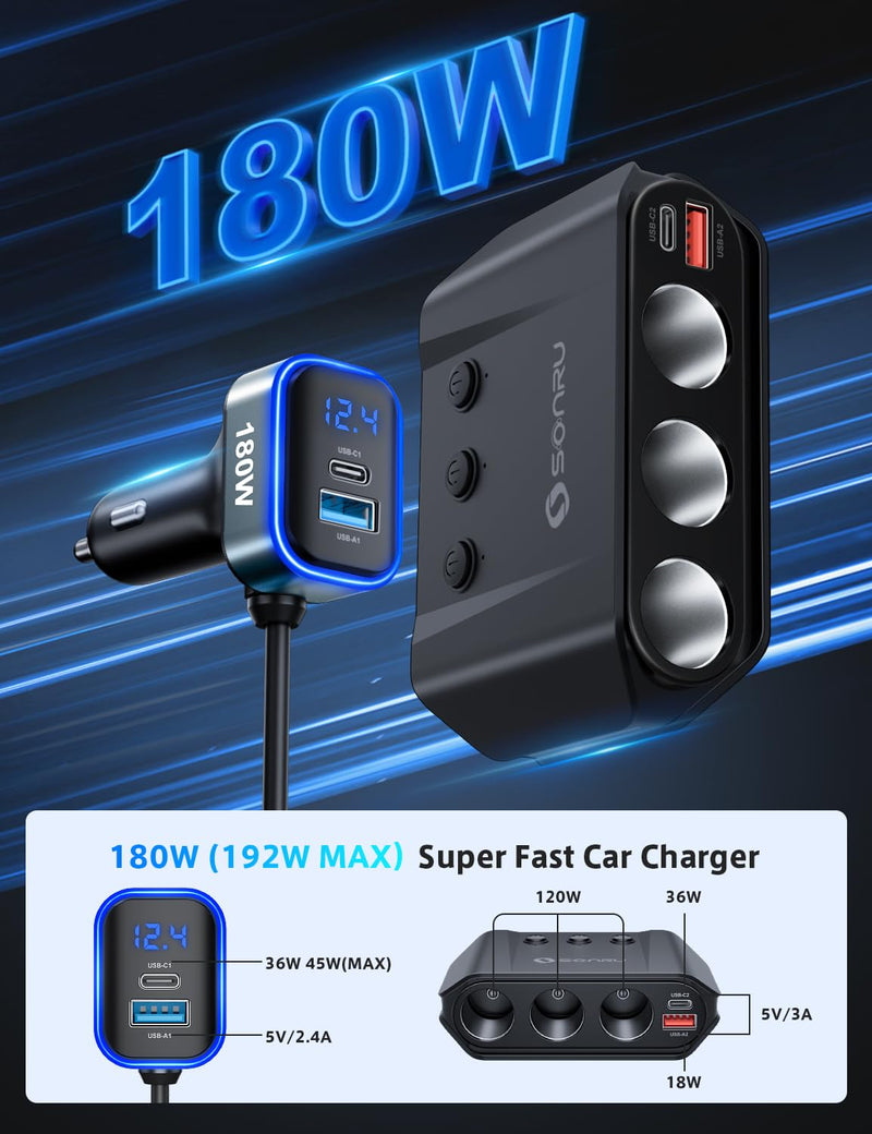 [AUSTRALIA] - 7 in 1 Cigarette Lighter Splitter, SONRU 180W (max 192W) 3-Socket Car Cigarette Lighter Adapter with Dual PD 36W/QC3.0 Fast Charging (3.7FT Cable) 12V/24V Independent Switches & LED Voltage Display BLACK 