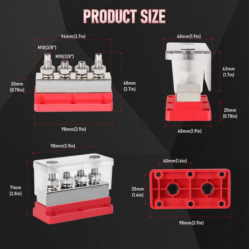 600A Bus Bar Power Distribution Block 12-48V Terminal Block 4x3/8(M10) Studs Marine Battery Bus Bar with Waterproof Cover Quick Mount for Automotive Car Boat Solar System (Red) 600A 4 x 3/8"(M10) Studs-Red