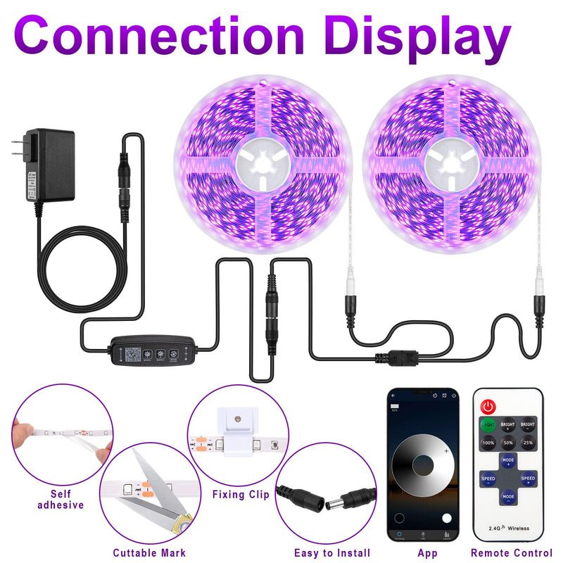 100FT Black Light LED Strip App Control With Remote, Smart Purple Neon Blacklight Adhesive for Glow Party, UV Light for Halloween Decor, Bedroom, Tapestry, Poster 100FT