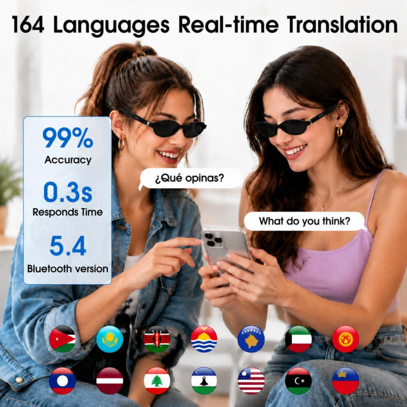 AI Glasses for Women with Thin Temples Cat Eye Smart Sunglasses | Real-Time Translation - 160+ Languages, Open-Ear Audio Lightweight Bluetooth Glasses for Travel, Business - Black