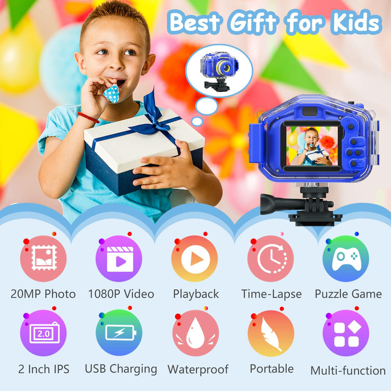 Agoigo Kids Waterproof Camera Toys for 3-9 Year Old Boys Girls Christmas Birthday Gifts HD Children's Digital Action Camera 2 Inch Screen with 32GB Card (Dark Blue) Dark Blue