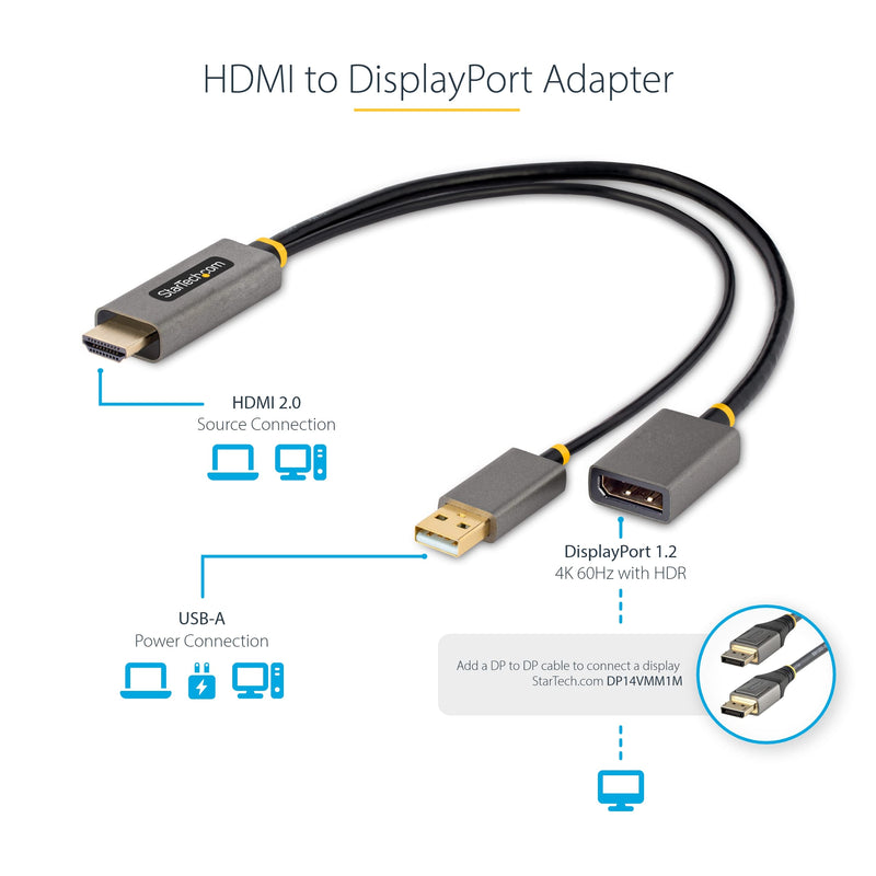 StarTech 1ft Active HDMI 2.0 to DP 1.2 Cable, 4K 60Hz, HDR, USB Powered | 3840 x 2160 60Hz, HDCP 2.2, 2ch audio, HDMI source to DP monitor, USB USB Powered, 30cm, HDMI 2.0 to DP 1.2 converter 4K 60 Hz 1 ft / 30 cm
