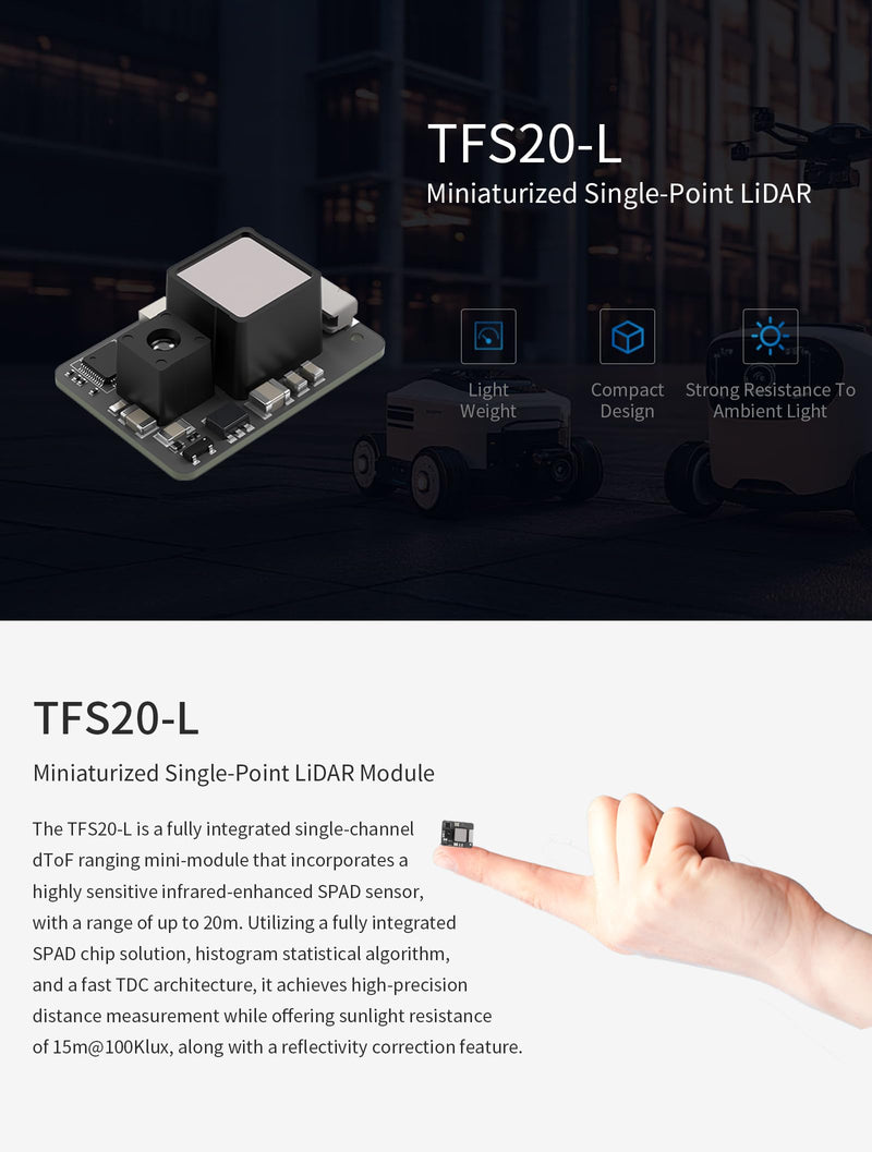 Benewake TFS20-L UART & IIC Miniaturised Single-Point LiDAR Module, 20 m Range Sensors, for Drones or UAVs Robots Fall Protection