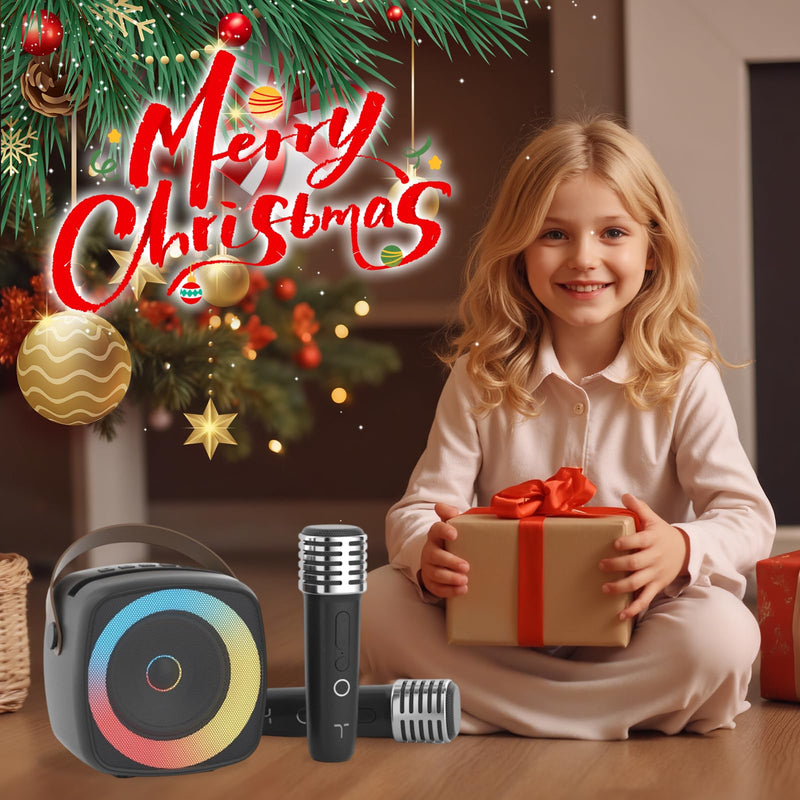 Karaoke Machine 2 Microphones for Home Party with Phone Holder, Wireless Portable Bluetooth Speaker with Dynamic Lights for Kids Adults Mini Voice Changer Mic Speaker Set for Halloween Christmas Girls Black