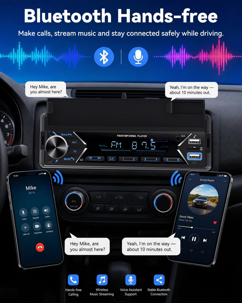 Single DIN Car Stereo Bluetooth Car Radio with FM/MP3/AUX Dual USB SWC Colorful Lights Phone Holder & Wireless MIC P2
