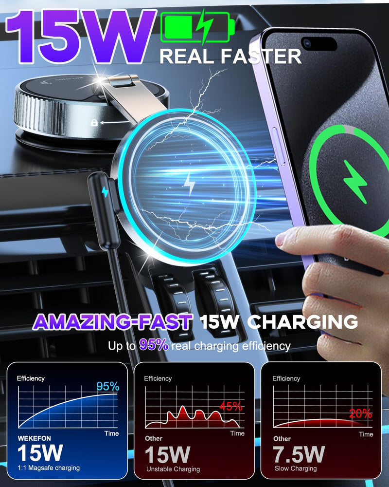 for Magsafe Car Mount Charger 15W Fast Charging Wireless Car Charger Holder | [120LBS Suction &3800gf Magnet] 780° Adjustable, Vacuum Magnetic Phone Holder for Your Car for iPhone & Android, Metal Stand