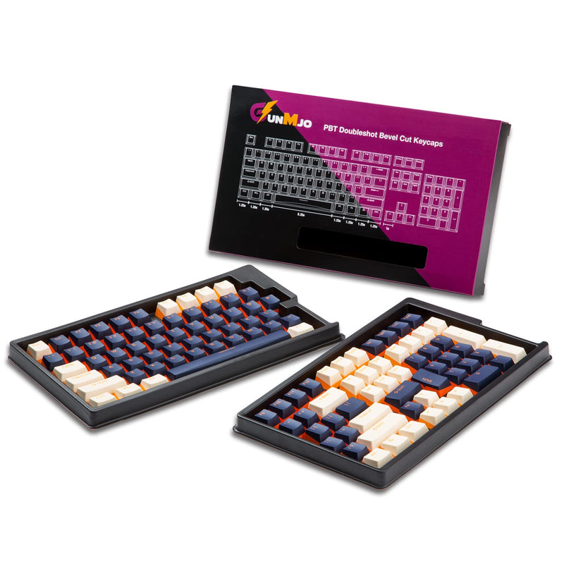 GunMjo PBT Doubleshot Keycaps for Gaming Keyboard with Cherry MX Switches, OEM Profile 112 Keys with 6.25U Space Bar, Bevel Cut Keycaps for Mechanical Keyboard, Blue/White with Orange Bottom