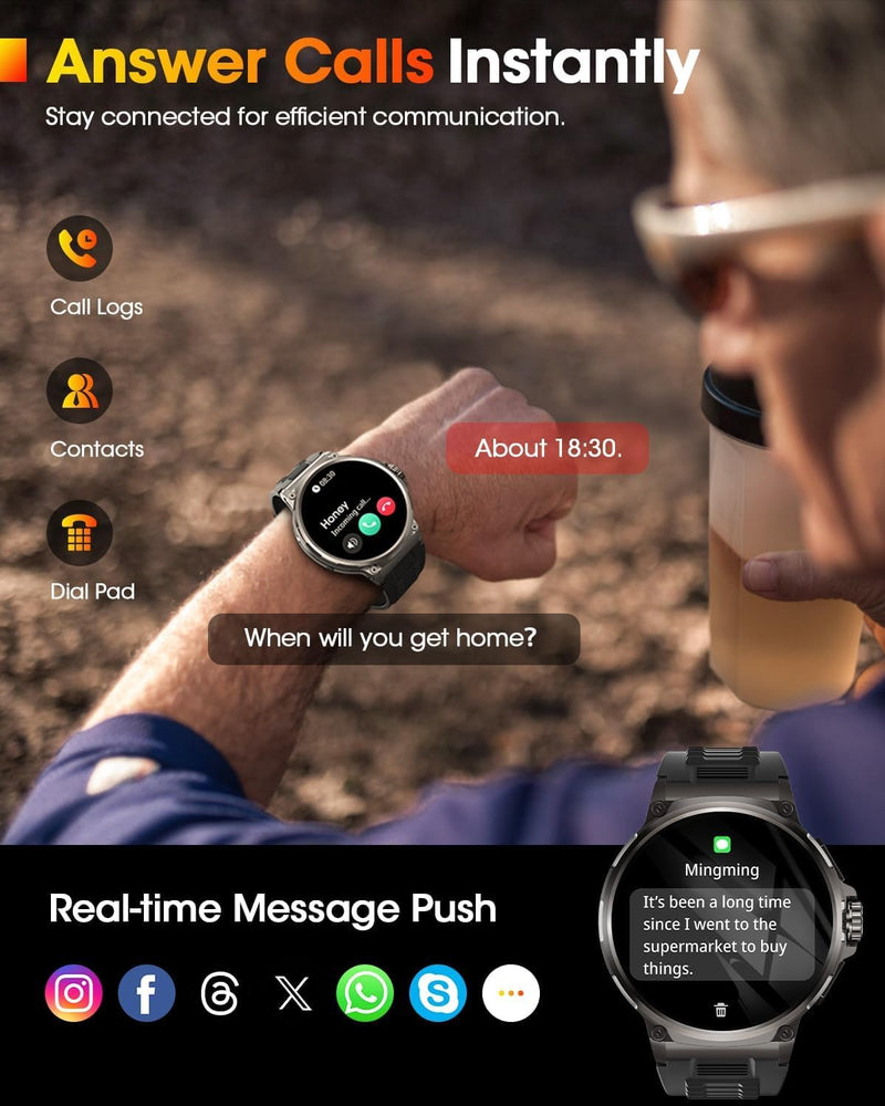 LIGE Smart Watch for Men with 1000mAh Battery/Flashlight, 1.85'' Military Smartwatch with 5ATM Waterproof/Heart Rate/Sleep Monitor,Answer Make Calls Fitness Tracker for Android iPhone Black