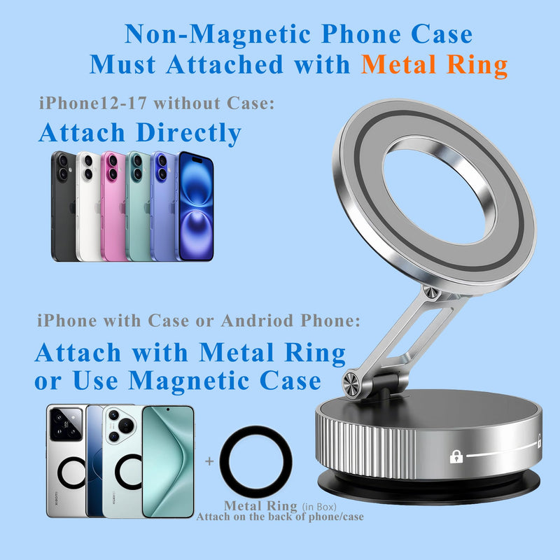 Vacuum Magnetic Phone Holder for Car,Full Metal Body,Vacuum Suction Phone Mount,Magsafe Car Mount for iPhone, Folding Holder for iPhone and Android (White) White