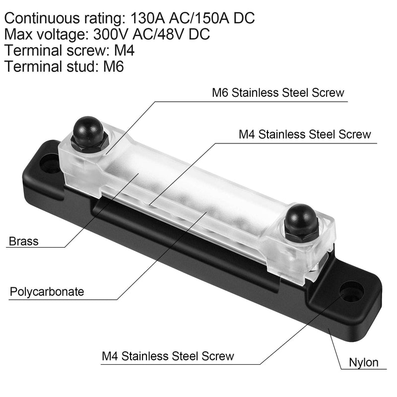 Weewooday 10-Gang BusBar with Cover 6 Terminal Bus Bar 150 A BusBar Block with Cover Power Distribution Terminal Block W/ 6 Pieces 4mm Screws 2 Pieces M6 Studs for Caravan Car Boat Marine