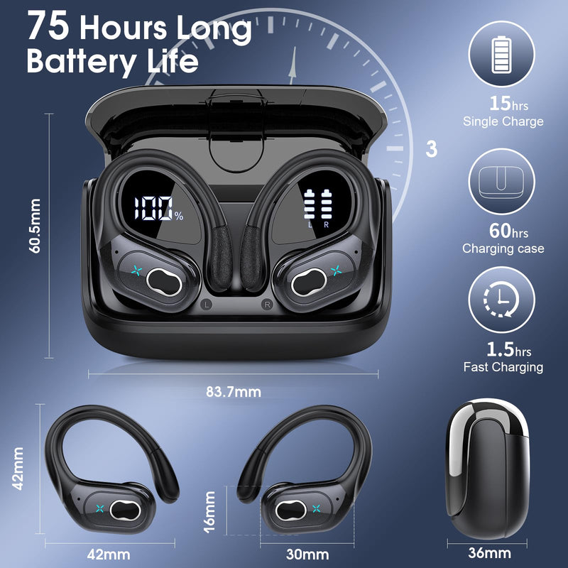 Aptkdoe 2 Sets Wireless Earbuds Sport, Bluetooth 5.4 Over Ear Buds Stereo Deep Bass Over Ear Bud with Earhooks, 75H Wireless Earphones with Mic, IPX7 Waterproof Earphone for Sports Black+Purple