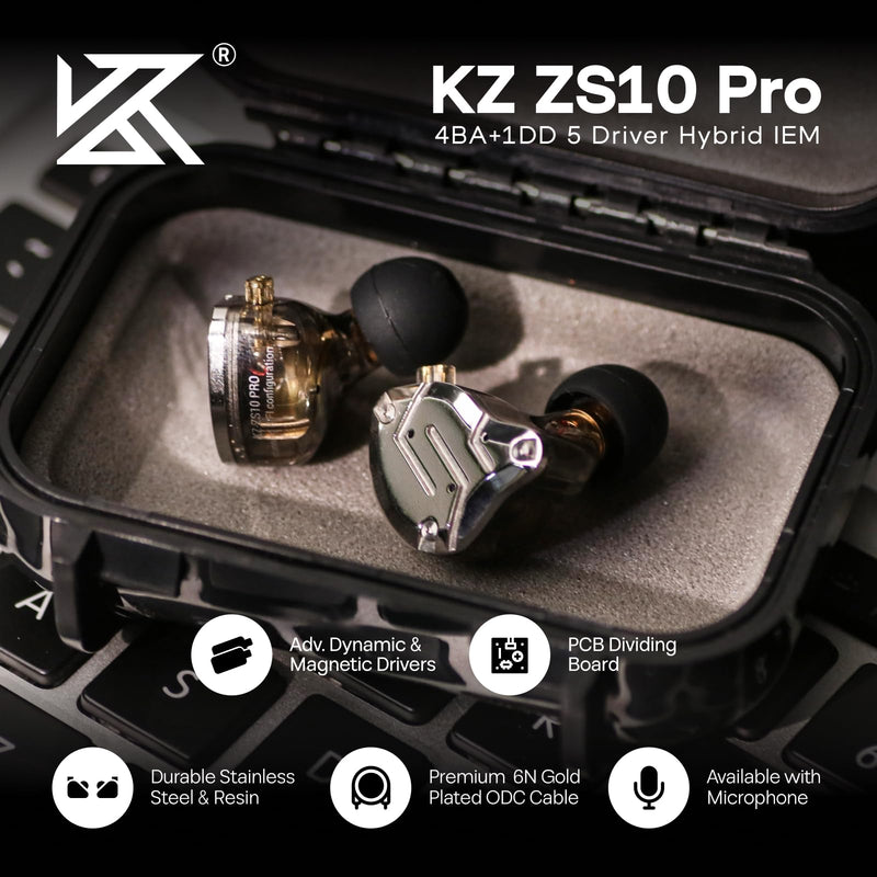 Linsoul KZ ZS10 Pro, 4BA+1DD 5 Driver in Ear Monitor, HiFi Wired Earbuds, Gaming Earbuds, Hybrid IEM Earphones with Stainless Steel Faceplate, Detachable Cable for Musician(Without Mic, Black) Without Mic