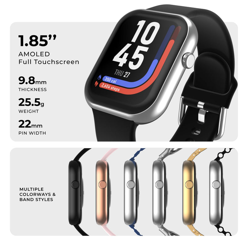 iTouch AIR 5 Smartwatch, 1.85" AMOLED Display, Bluetooth Calling, 100+ Sports Modes, Heart Rate, SpO2, Sleep & Stress Tracking, Water Resistant, 7-Day Battery Life, for Android & iPhone Silver / Black
