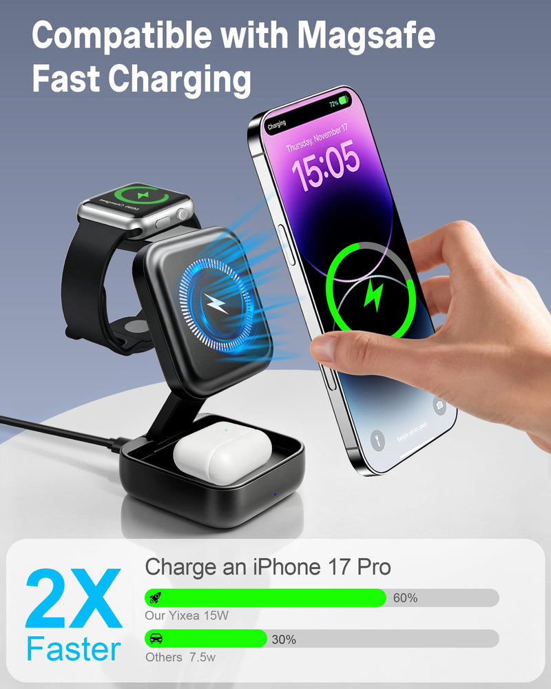 3 in 1 Charging Station for Apple Devices, Wireless Charger Stand | Foldable Magnetic Fast Wireless Charging Station for MagSafe iPhone 17 16 15 14 13 12 Series, Apple Watch & AirPods