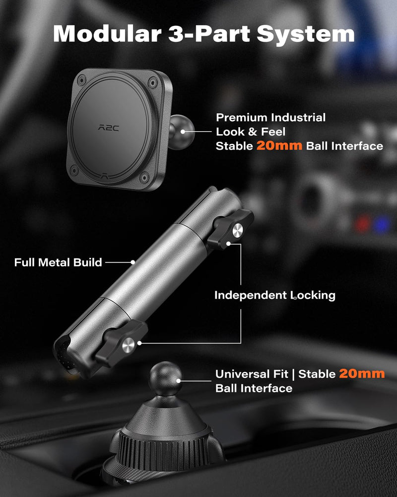 APPS2Car Heavy Duty Magnetic Cup Phone Holder Mount | Aluminum Arm | Dual Ring N55 Magnets | Fits 3"-4" Cup Holders, 20mm Ball Joint | Compatible with MagSafe iPhone, Samsung, Smartphones