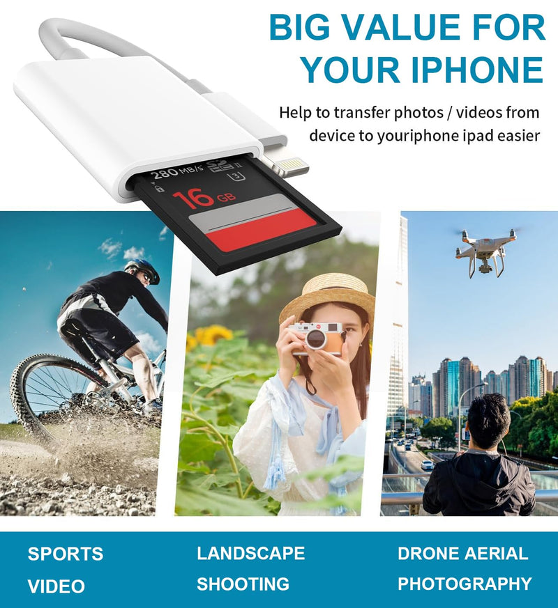 Lightning to SD Card Reader for iPhone, Lightning Camera Adapter Trail Camera Viewer SD Card Camera Memory Card Adapter Compatible with iPhone 14/13/12/11/XS/XR/X/8/7/iPad, Plug and Play White