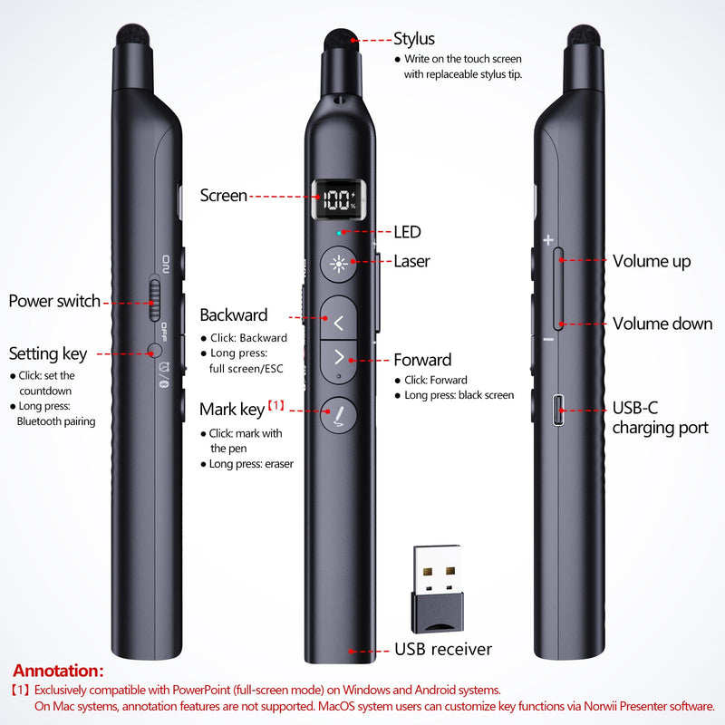 N21 Bluetooth Presentation Clicker for PowerPoint with Retractable Pointer | ①Laser Pointer②Telescopic touch pen③Countdown timer, vibration alert ④Customizable Button ⑤Rechargeable;battery level display Black - Green Pointer
