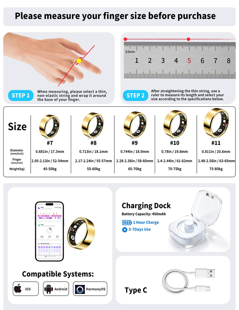 Smart Ring for Women Men Fitness Tracker Heart Rate Sleep Trends 128 Sports Modes Gesture Control Cycle Tracking IP68 Waterproof No Subscription Compatible with iPhone Android (Gold, Size 11)