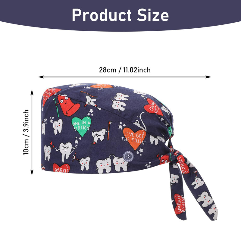 Pack of 3 Adjustable Surgical Cap with Button Work Cap Cotton Print Sick Nurses Cap Unisex Dust Caps, multi-coloured, Unit size cartoon teeth style
