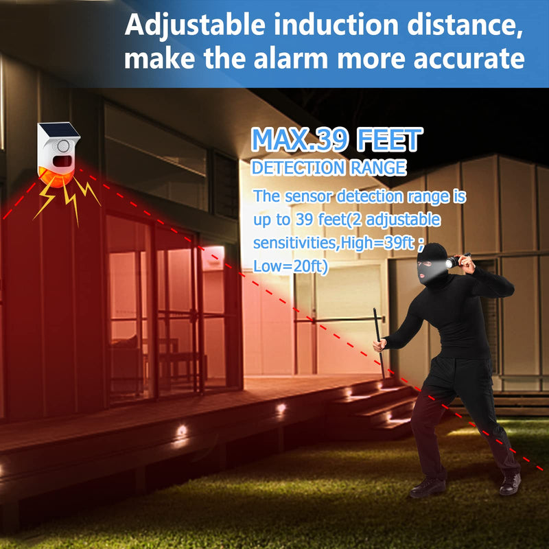 [AUSTRALIA] - ChunHee Solar Motion Sensor Outdoor Alarm,Adjustable Sensitivity Motion Activated Alarm,129db Sound Security Siren Light IP67 Waterproof and 4 Mode for Home,Farm,Barn,Villa,Yard(2 Pack) 2 Light+2 Remote Control 