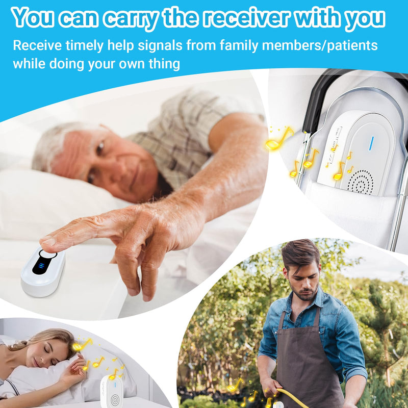 Caregiver Call Button Beeper Pager System Rechargeable & Portable Receiver with 500Ft Range Alert Button Call Bell for Elderly/Patient/Disabled at Home/Hospital/Clinic 2 buttons+1 receivers