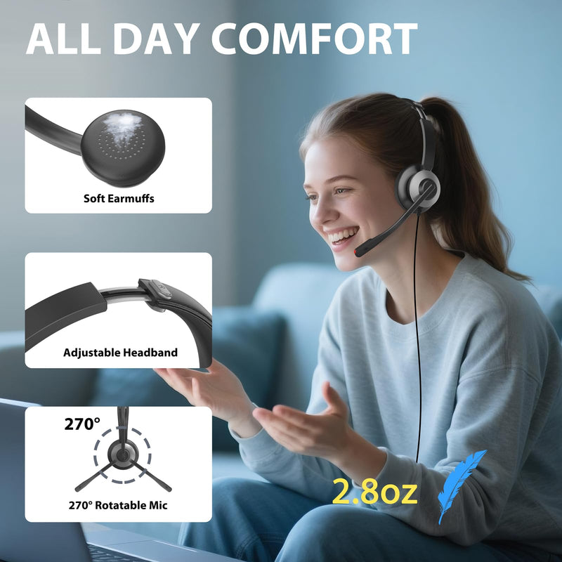 Earbay USB Headset with Microphone for PC, Headset with Mic, Computer Headset with Noise Canceling Microphone for Laptop, Wired Headphones with Mic for Home/Office/PC/Cell Phones Black&Grey