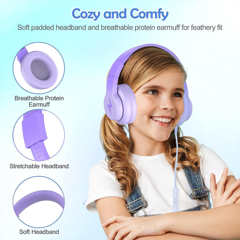 Kids Headphones, Wired Headphones for Kids with Microphone, 85/94dB Volume Limiter Headphones for Girls Boys with Sharing Jack, Foldable Headphones for Online Study, Gradient Deep Purple