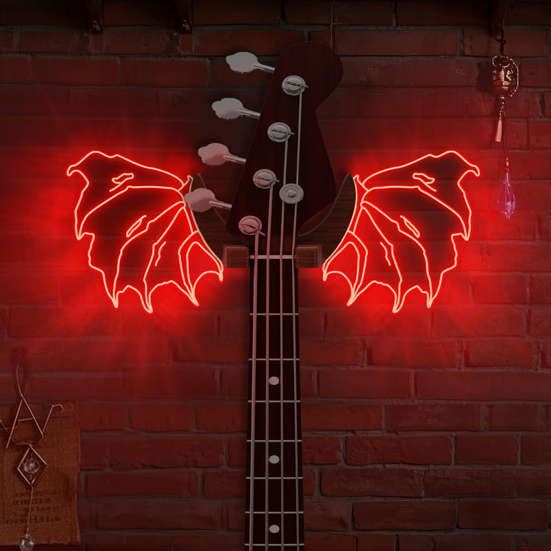 Guitar Stand Wall Mount with Luminous Devil Wings, Acrylic Wooden Guitar Hanger Shelf with USB Powered, for Acoustic Electric Bass Ukulele, Gift for Music Lovers Guitar Players Red devil