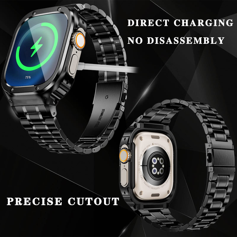 Stainless Steel Band and Case Compatible with Apple Watch Band Ultra | Men Metal Protective Bumper Cover with Straps for iWatch Ultra 3/2/1, Black 49mm(Ultra 3/2/1)