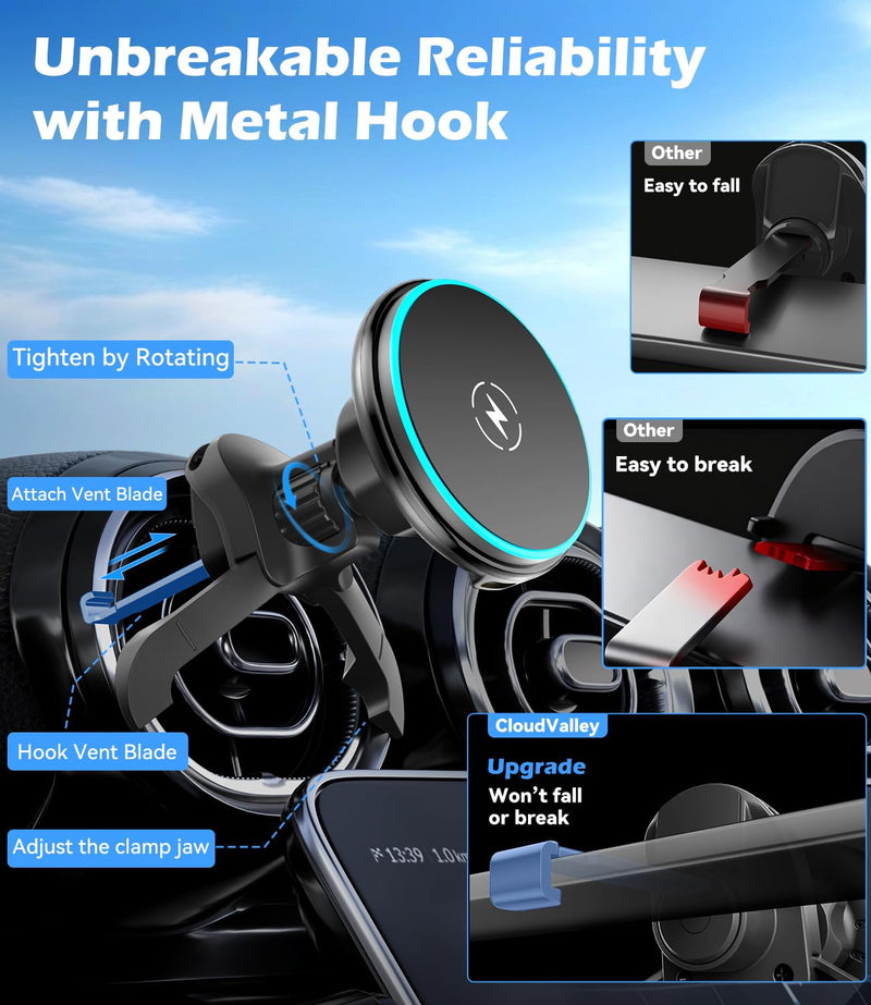 CloudValley 15W Charger Air Vent Car Mount for Mercedes Benz A/B/C/E/V/G/Class & Audi A1/A2/A3, Magnetic Wireless Charging Phone Holder for iPhone 17 Pro Max 16 15 14 13 12, Compatible with Magsafe Wireless Charging-Air Vent Car Mount