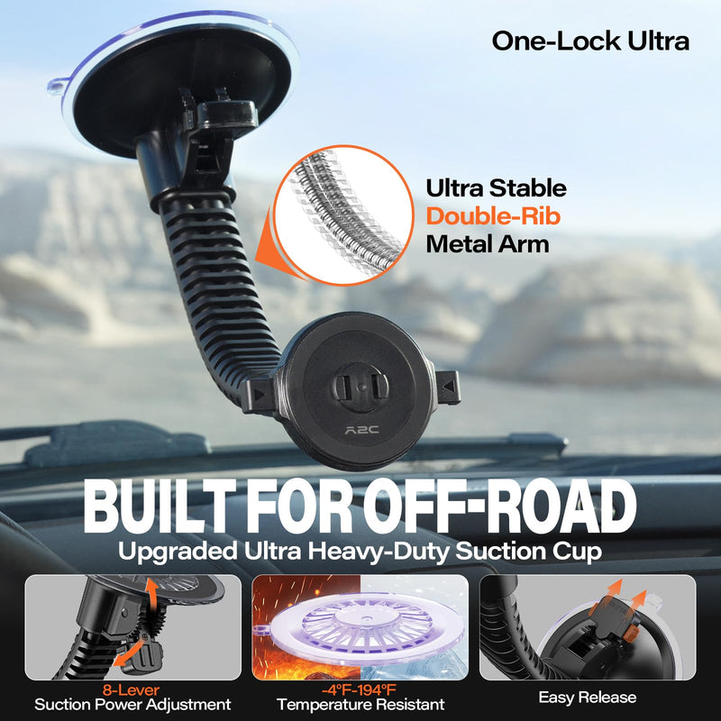A2C One-Lock Ultra Off-Road Truck Phone Mount Heavy-Duty Phone Holder | Magnetic Alignment with Automatic Dual-Latch Locking System, One-Hand Quick Release, 4.33" Heavy-Duty Vacuum Suction Cup