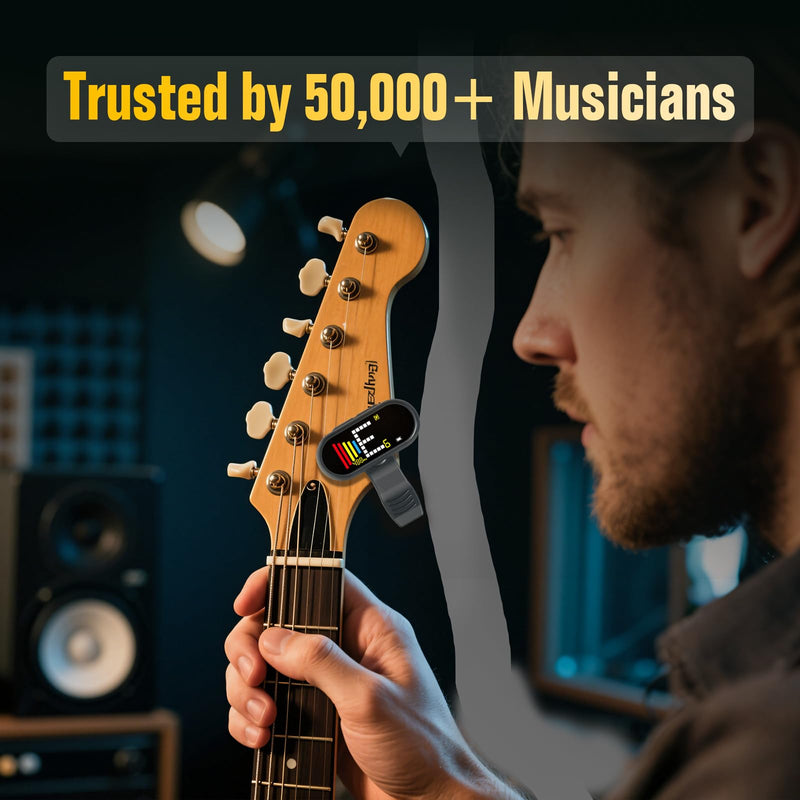 EX Professional Rechargeable Clip-On Guitar Tuner with LCD Screen - Chromatic Clip on Tuner for Acoustic Guitar, Bass Guitar, Ukulele, Violin & Chromatic Gray