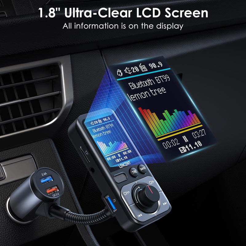LENCENT Bluetooth 5.0 FM Transmitter for Car, AUX Car Radio Adapter, Big Color Screen, MP3 Music Player TRE&BASS Booster, QC3.0 Fast Charger, Wireless Microphone Support Hands-Free Siri Google TF Card