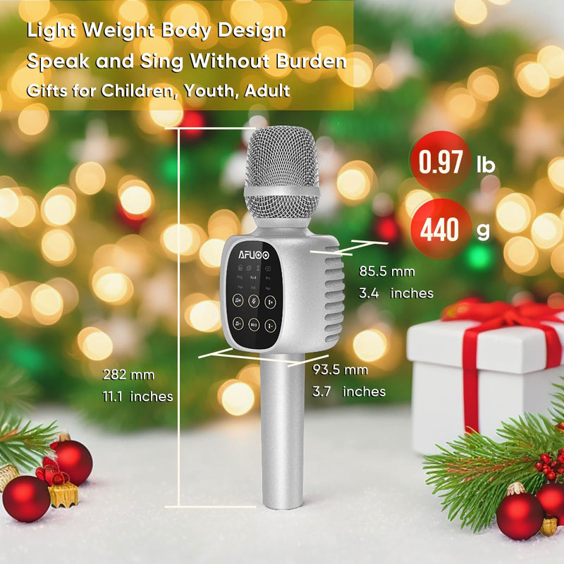 Wireless Bluetooth Karaoke Microphone Speaker for Adults, Karaoke Mic with Stereo Speaker for Smartphone, Tablet, Duet Singing Karaoke Mic for Speech, Home Party, Vocal Changer, Silver Included base