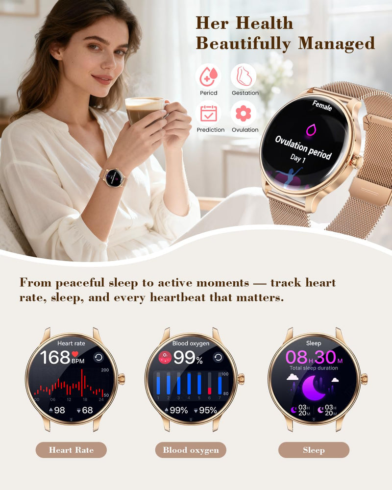 WalkerFit Smartwatch for Women, 1.43” AMOLED Fitness Watch with Bluetooth Calling, Wireless Magnetic Charging, Female Health Tracker, 120+ Sports Modes, IP68 Waterproof, Compatible with Android iOS Rose Gold