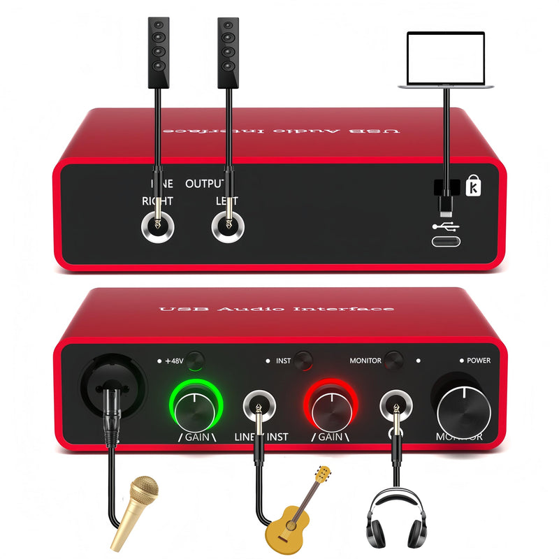USB Audio Interface for PC, 48V Phantom Power Audio Interface for Computer Recording Music, Podcasting, and Streaming, 24-Bit/192kHz, XLR & 1/4” Combo Connectors, LINE/INST Input